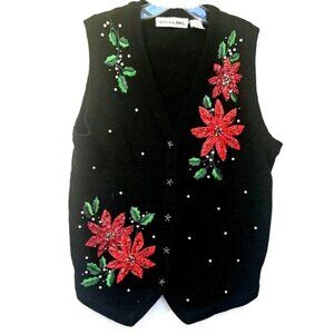 Victoria Jones Poinsettia Ivy Pearl Embroidered Black  Ramie Cotton sz M sweater